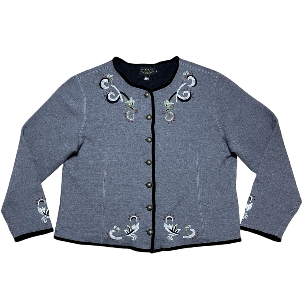 Icelandic Designs 100% Wool Embroidered Button Cardigan Sweater In Gray Sz L